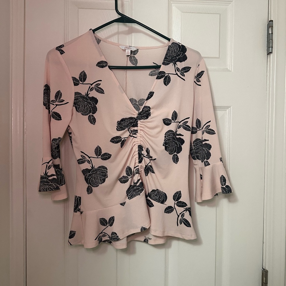Candie's Pink V-Neck Blouse with 3/4 Sleeves and Ruffled Style